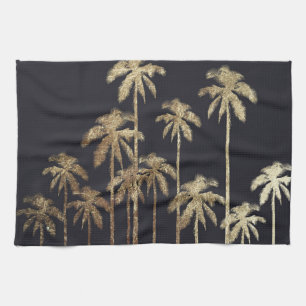 Glamoureus Gold Tropical Palm Trein op zwart Theedoek