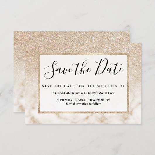 Glamoureus Gold White Glitter Marmer Gradient Ombr Save The Date (Voorkant / Achterkant)