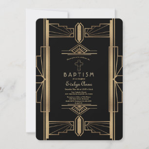 Glamoureus Roaring 20: Grote Gatsby Baptism Invite Kaart