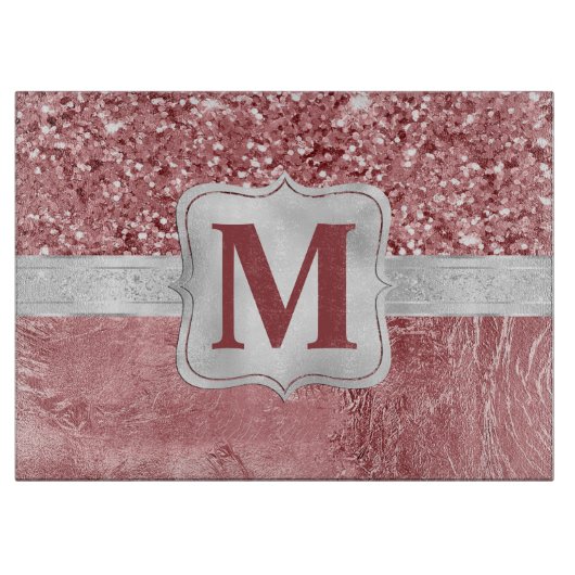 Glamoureus roze Folie en Glitter Monogram Snijplank (Voorkant)