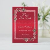 Glamoureus Ruby Red Pareltjes & Glitter Birthday Save The Date (Staand voorkant)