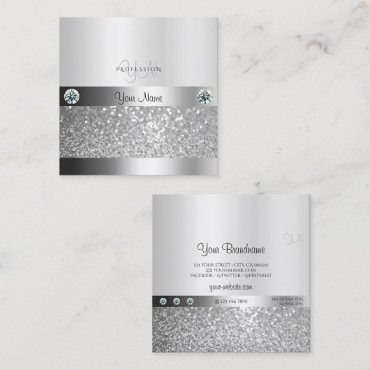 Glamoureus Silver Shimmery Glitter met Monogram Vierkante Visitekaartje (Voorkant / Achterkant)
