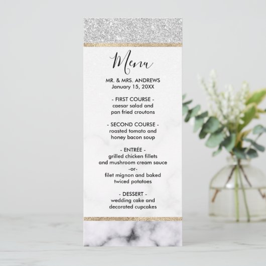 Glamoureus Silver White Glitter Marmer Gradient Menu (Staand voorkant)