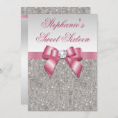 Glamoureus Sweet 16 Faux Silver Sequins Pink Bow Kaart (Voorkant / Achterkant)