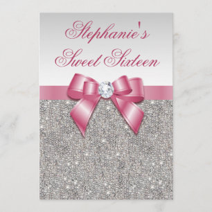 Glamoureus Sweet 16 Faux Silver Sequins Pink Bow Kaart
