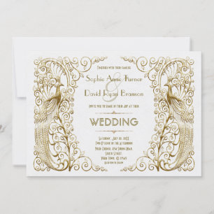 Glamoureus White Gold Art Deco Peacocks Weddenscha Kaart