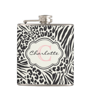 Glamoureus Zebra Leopard Custom Monogram Flask Heupfles