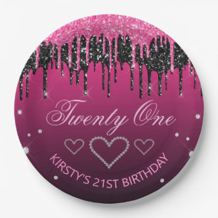 Glamoureus zwart-roze druppelaar Glitter Birthday Papieren Bordje
