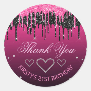 Glamoureus zwart-roze druppelaar Glitter Birthday Ronde Sticker