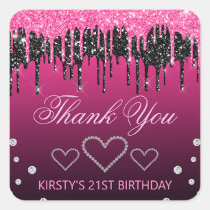 Glamoureus zwart-roze druppelaar Glitter Birthday Vierkante Sticker