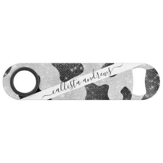 Glamoureus zwarte sparkly Glitter-Koe Afdrukken Speed Flessenopener (Voorkant (Horizontaal))