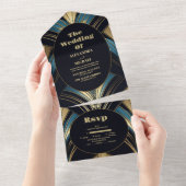 Glamoureuze Blauwe en Gouden Art Deco Bruiloft All In One Uitnodiging (Afscheurbaar)
