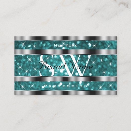 Glamoureuze Blauwgroen Glitter Stars Monogram Silv Visitekaartje (Voorkant)