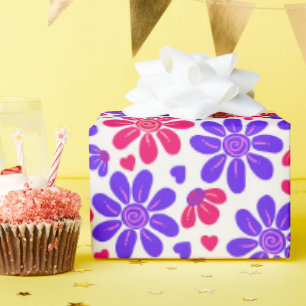 Glamoureuze Bloemen Harten Roze en Blauw Cadeaupapier