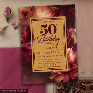 Glamoureuze bordeaux blush gouden rozen 50e verjaa kaart