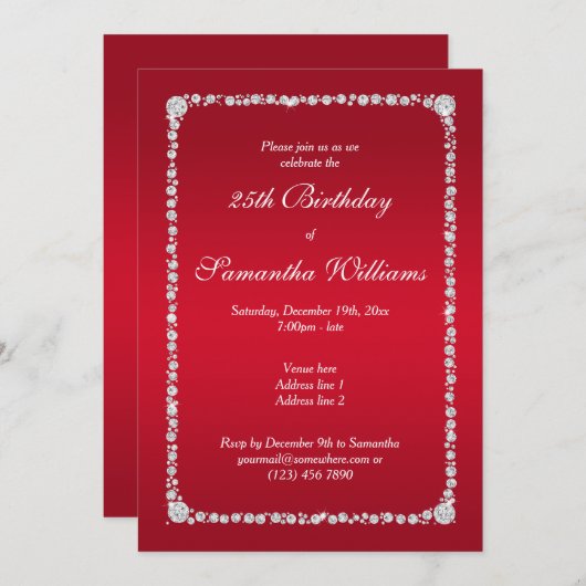 Glamoureuze Diamond Lijst & Ruby Red Verjaardag Kaart (Voorkant / Achterkant)