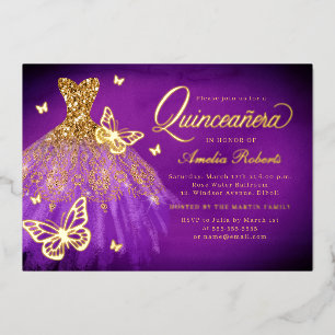 Glamoureuze Glitter Jurk Vlinder Quinceanera Folie Uitnodiging