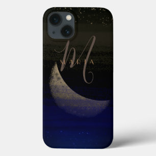 Glamoureuze Golden Moon Blue Abstract Monogram iPhone 13 Hoesje
