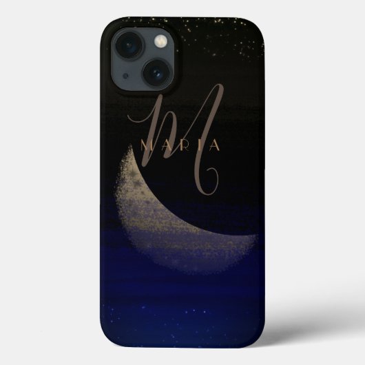 Glamoureuze Golden Moon Blue Abstract Monogram Case-Mate iPhone Case (Achterkant)