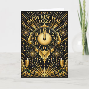 Glamoureuze Gouden Art Deco Middernacht Nieuwjaar Feestdagen Kaart