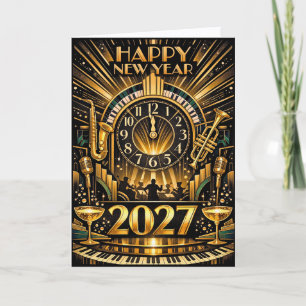 Glamoureuze Gouden Art Deco Nieuwjaarsjazzviering Feestdagen Kaart
