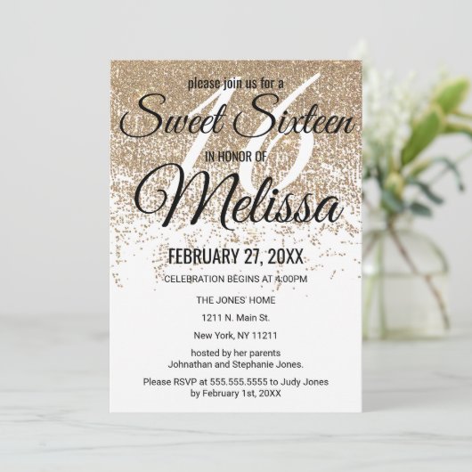 Glamoureuze Gouden Glitter Sparkles Wit Zoet 16 Kaart (Staand voorkant)