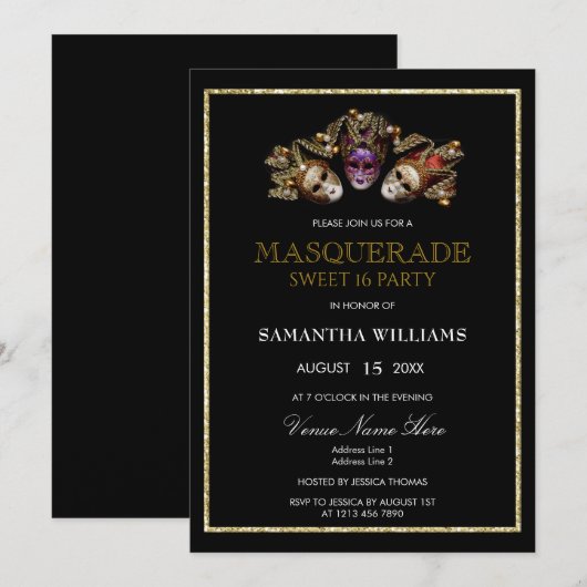 Glamoureuze Gouden Glitters Masquerade Sweet 16 Kaart (Voorkant / Achterkant)
