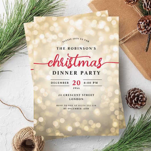 Glamoureuze gouden lichten Kerst dinerfeest Kaart
