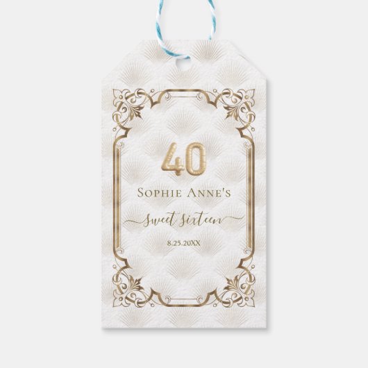 Glamoureuze Gouden Witte Art Deco 40e Verjaardag Cadeaulabel (Achterkant)