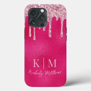Glamoureuze Hot Pink Glitter Monogram Initialen iPhone 13 Pro Hoesje