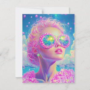 Glamoureuze Neon Vrouw Met Mousserende Brillen Briefkaart