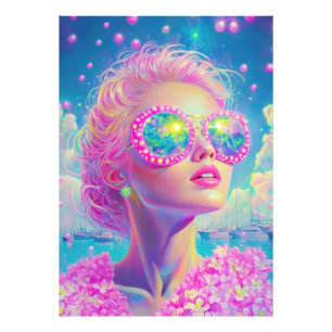 Glamoureuze Neon Vrouw Met Mousserende Brillen Foto Afdruk
