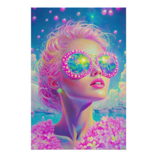 Glamoureuze Neon Vrouw Met Mousserende Brillen Perfect Poster