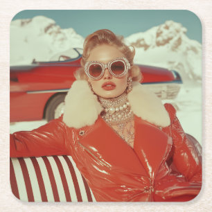 Glamoureuze retro winterstijl in alpine setting vierkante kartonnen onderzetter