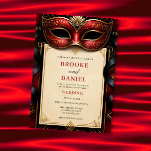 Glamoureuze Rode Maskerade Art Deco Bruiloft Kaart