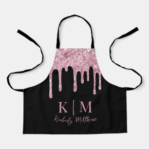 Glamoureuze roze Glitter Monogram Initialen op zwa Schort