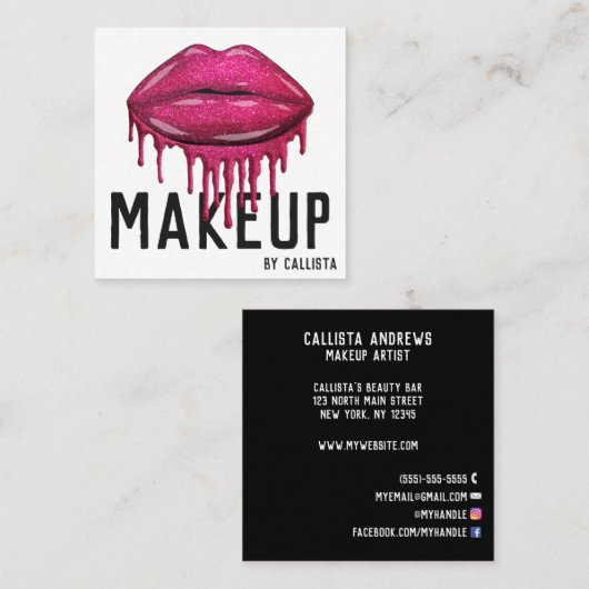Glamoureuze Sparkly Pink Glitter Drips Lips Make-u Vierkante Visitekaartje (Voorkant / Achterkant)