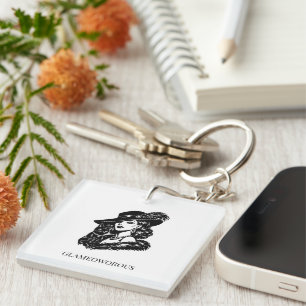 Glamoureuze vrouw met kat mode-illustratie sleutelhanger
