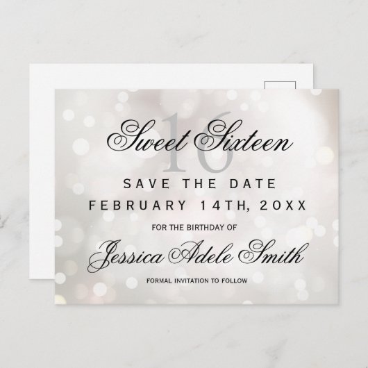 Glamoureuze White Glitter Sweet 16 save the date Briefkaart (Voorkant / Achterkant)