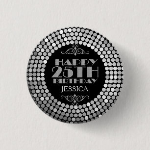 Glamoureuze Zilveren Glitter Gelukkige 25e Verjaar Ronde Button 3,2 Cm