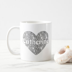 Glamoureuze zilveren glitter hart naam koffiemok