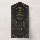 Glamoureuze zwart en goud Art Deco bruiloft All In One Uitnodiging (Binnen)
