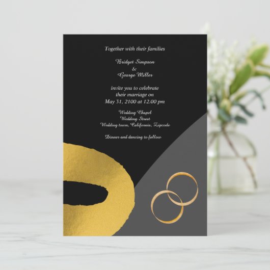 Glamoureuze zwart goud bruiloft decor uitnodiging (Staand voorkant)