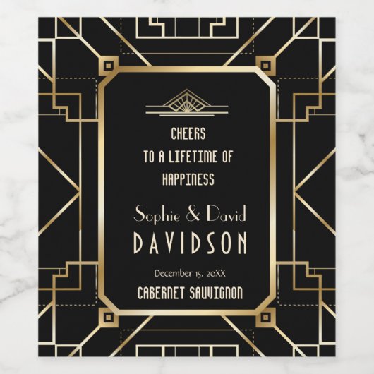 Glamoureuze zwarte en gouden Great Gatsby-huwelijk Wijn Etiket (Enkel label)