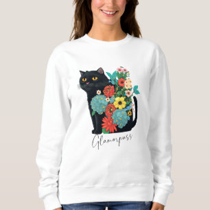 Glamoureuze zwarte kat bloemenboeket heldere kleur trui