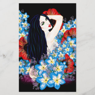 Glamourmodel in klaproos bloembed, kunst door Leah Briefpapier