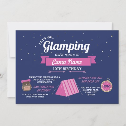 Glamping Camping Navy Pink Girl's Uitnodiging (Voorkant)