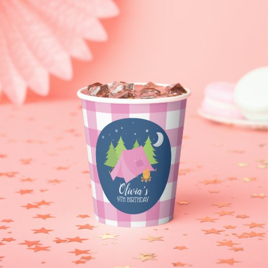 Glamping Meisje Camping Verjaardagsfeestje roze pl Papieren Bekers (Insitu)
