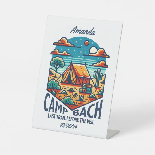 Glamping vrijgezellenfeest woestijn reclamebord met voetstuk (Voorkant)