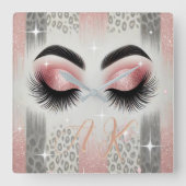 Glamroze glitterwimpers monogram vierkante klok (Voorkant)